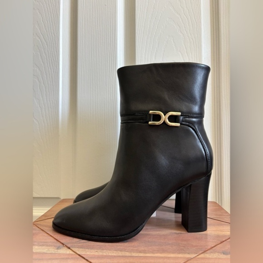 Express Genuine Leather Black Heeled Boots with Gold Buckle